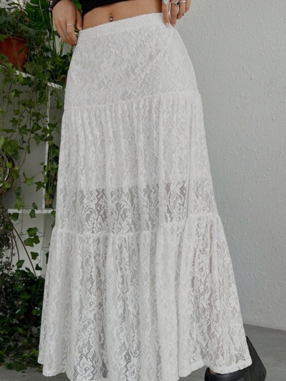 ROMWE White Lace Tiered Maxi Skirt with Sheer Panels